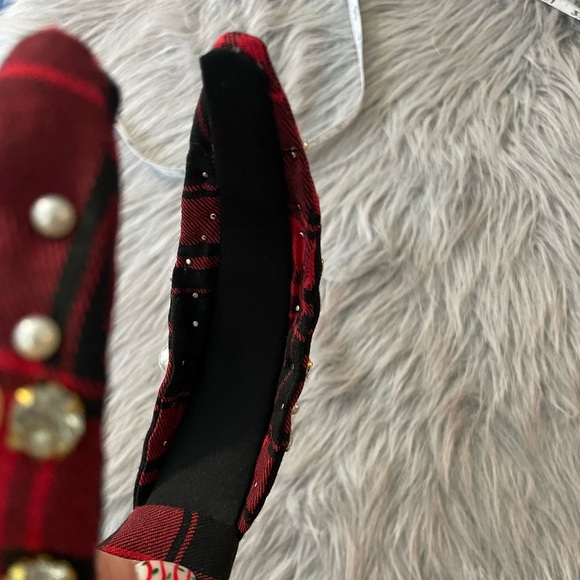 Red Plaid Headband with Pearls and Gems - Picture 8 of 9